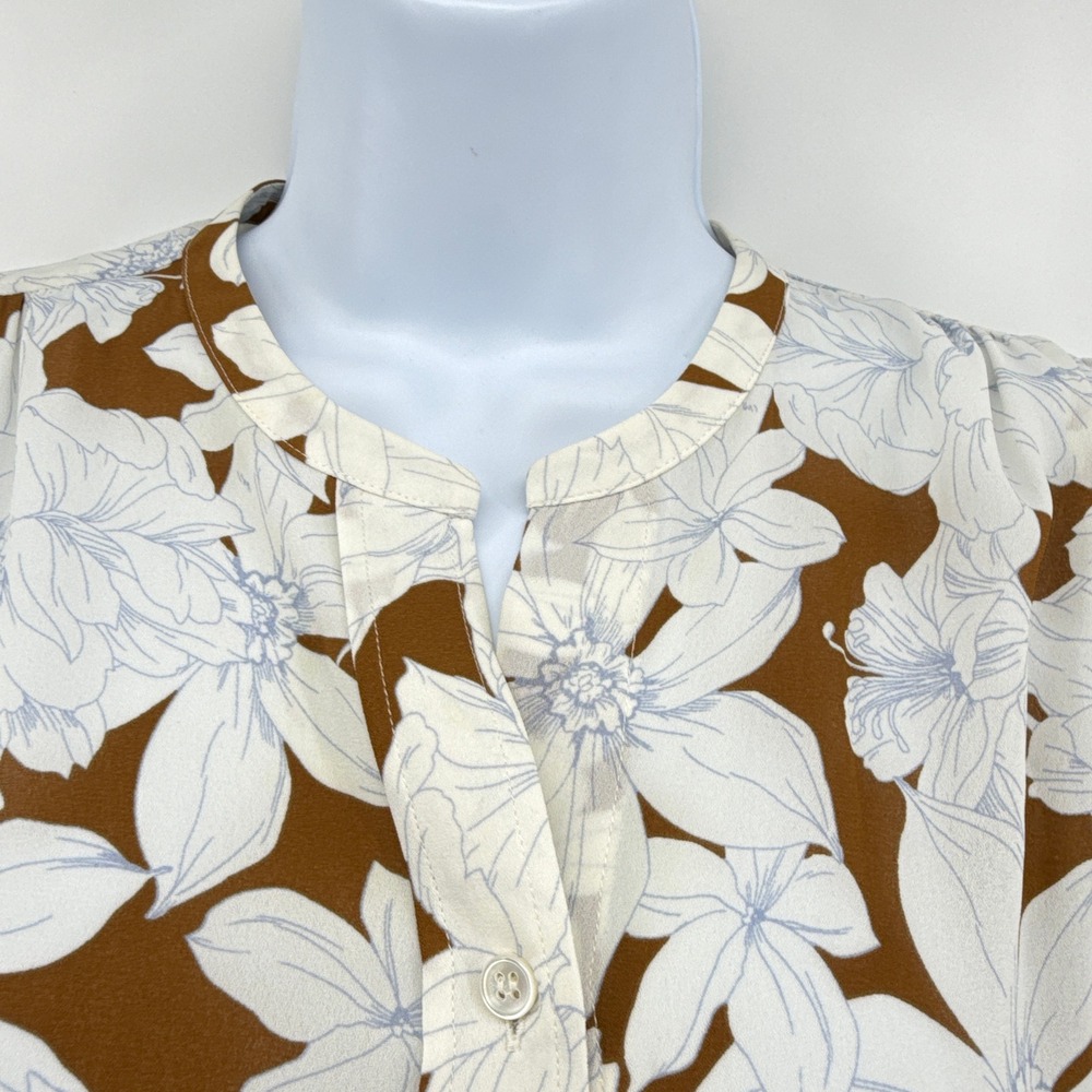 Vince‎ Floral Band Collar Button Front Blouse Brown White Long Sleeve Medium M - Picture 4 of 11